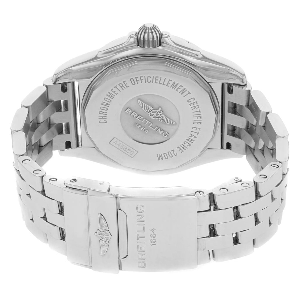 Back View Of {Caseback} Back Case And Closed Stainless Steel Band Of Breitling A45320B9-G797-375A Watch Pre Owned Condition