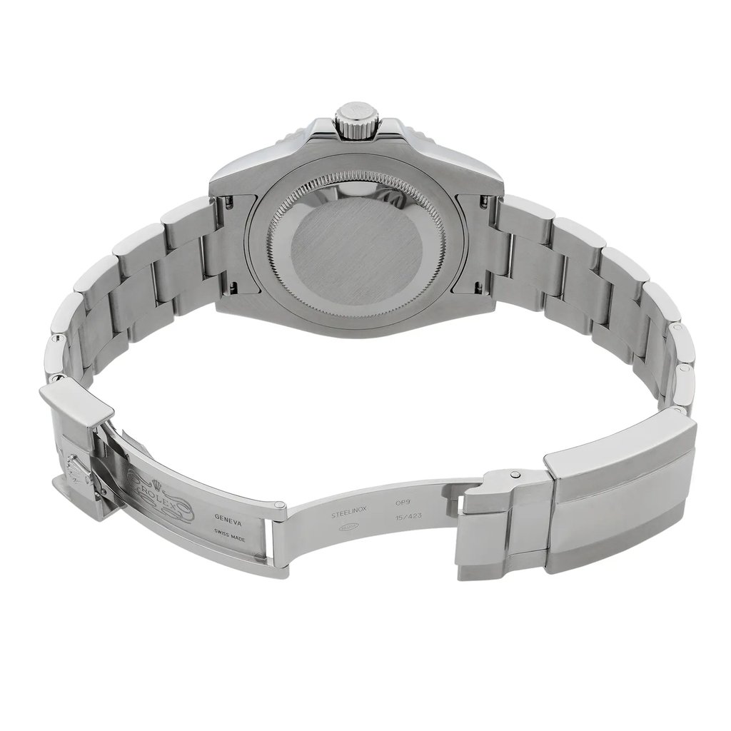 Back View Of Screwback Back Case And Open Stainless Steel Band Of Rolex 116710LN Watch Pre Owned Condition