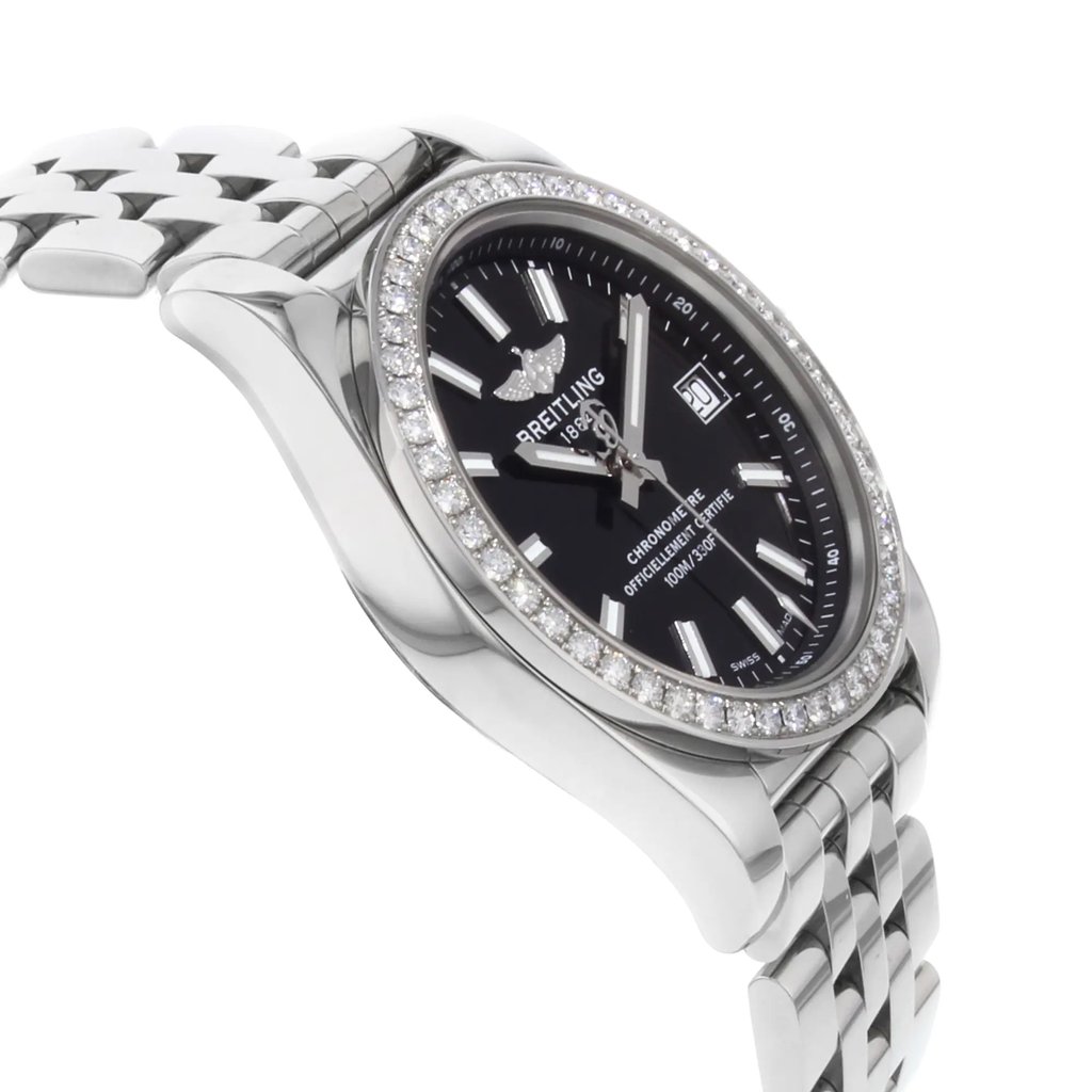 View Of Opposite Crown Facing Side Of Breitling A7433053/BE08-376A Stainless Steel Watch Display Model Condition