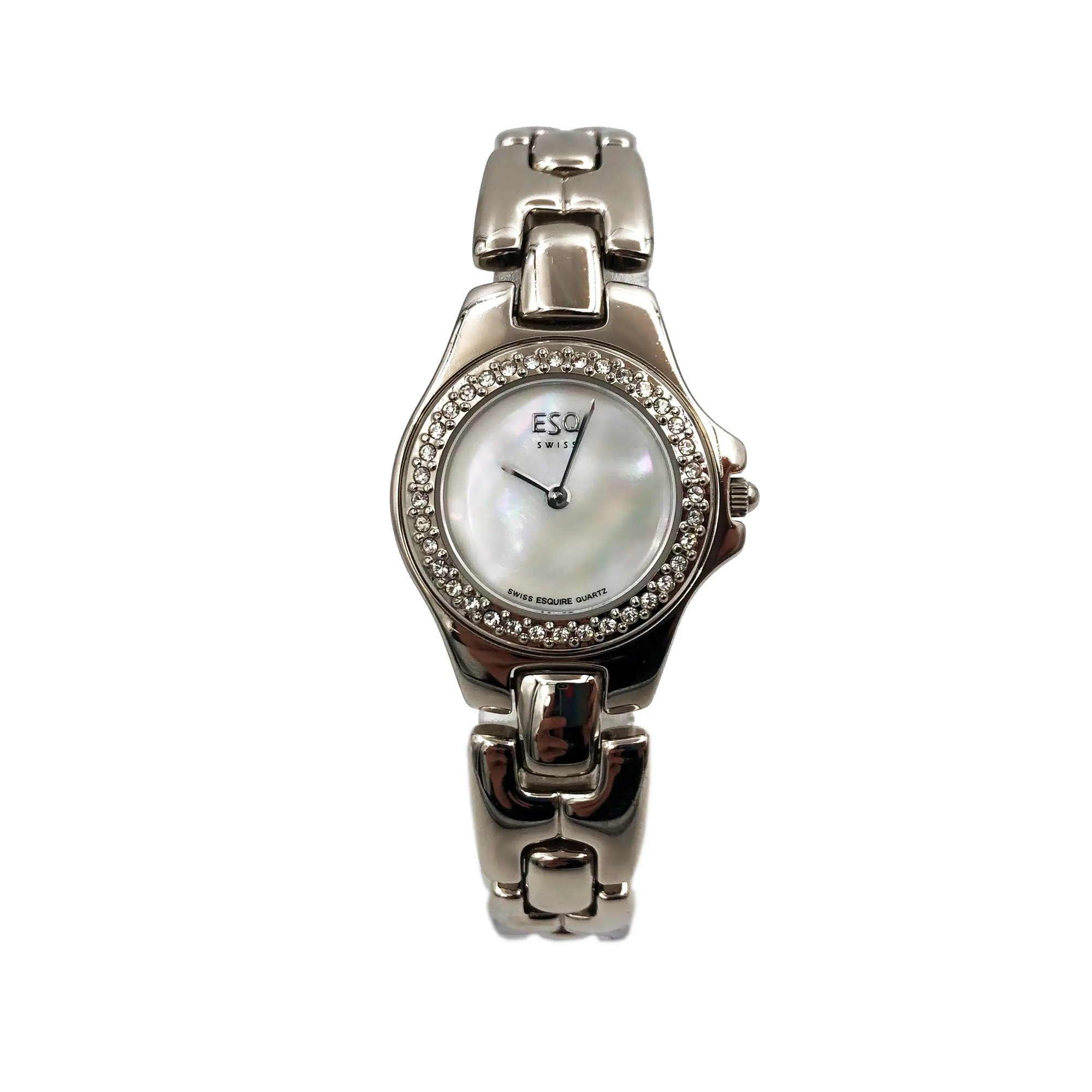 An image of a Wristwatch by ESQ. This Pre Owned item is designed for Women, featuring a Dress/Formal style. It has a Quartz movement and an Analog display with a White dial color. The indices include No Hour Marks. The band is made of Steel and the case is made of Steel. The watch has a Round shape with a case size of 24 mm and a case thickness of 6 mm.