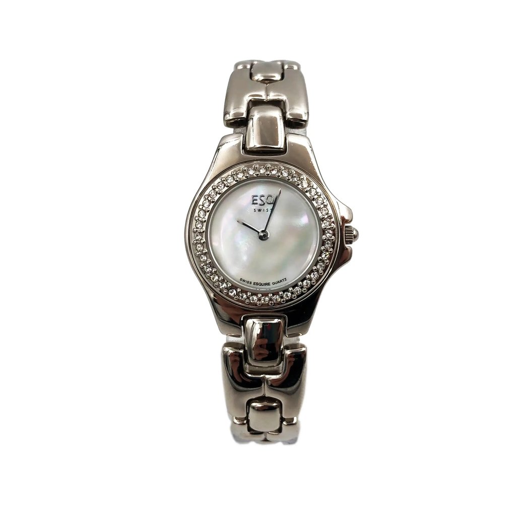 An image of a Wristwatch by ESQ. This Pre Owned item is designed for Women, featuring a Dress/Formal style. It has a Quartz movement and an Analog display with a White dial color. The indices include No Hour Marks. The band is made of Steel and the case is made of Steel. The watch has a Round shape with a case size of 24 mm and a case thickness of 6 mm.