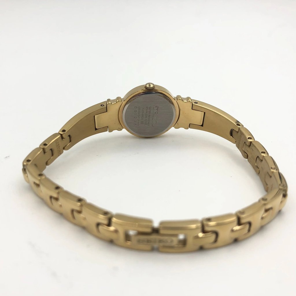 Back View Of Snap Back Case And Closed Stainless Steel Band Of Seiko SUJG34 Watch Pre Owned Condition