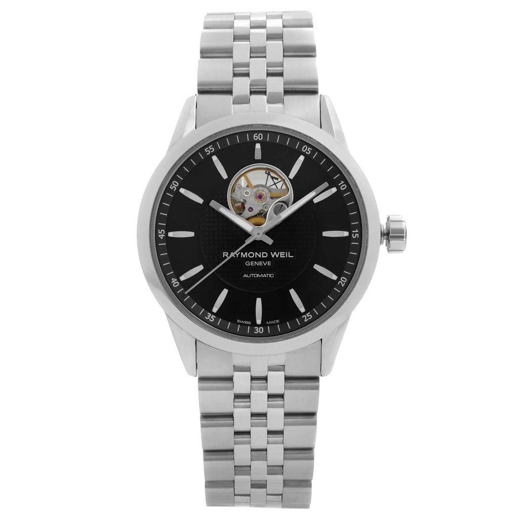  An image of a Raymond Weil wristwatch with a stainless steel bracelet, and case. Featuring a black dial with silver markers. Unworn condition 