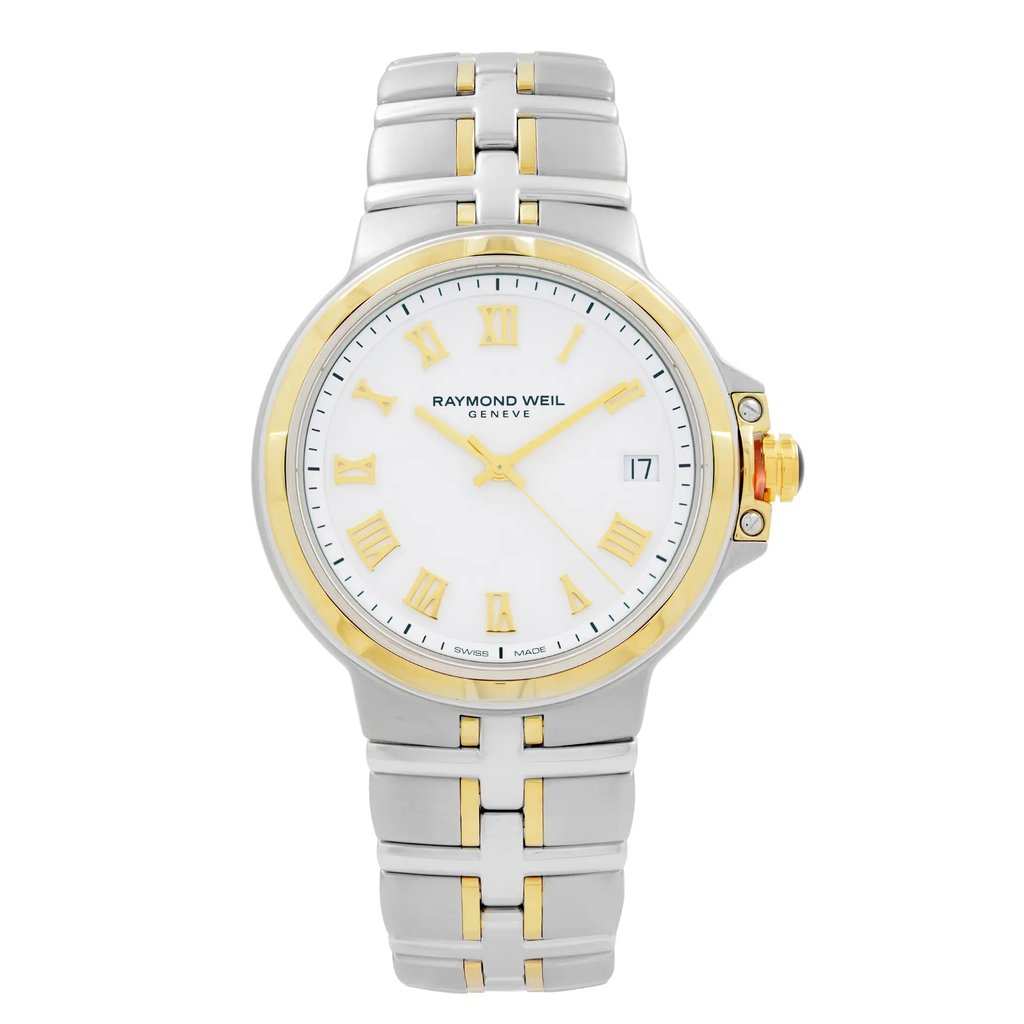 An image of a Wristwatch by RAYMOND WEIL. This Display Model item is designed for Men, featuring a Dress/Formal style. It has a Quartz movement and an Analog display with a White dial color. The indices include 12-Hour Dial,Roman Numerals. The band is made of Stainless Steel and the case is made of Stainless Steel. The watch has a Round shape with a case size of 41 mm and a case thickness of 7 mm.