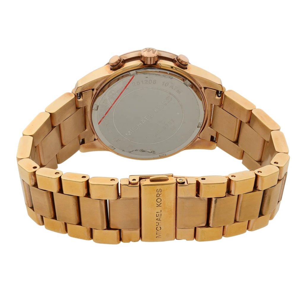 Back View Of Solid Back Case And Closed Stainless Steel Band Of Michael Kors MK5727 Watch Pre Owned Condition