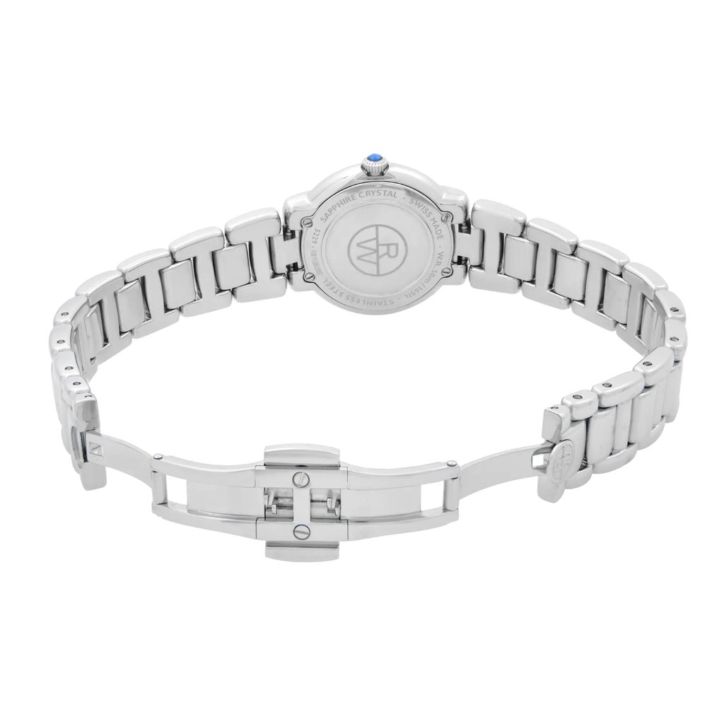 Back View Of Screwback Back Case And Open Stainless Steel Band Of RAYMOND WEIL 5229-ST-01659 Watch Pre Owned Condition