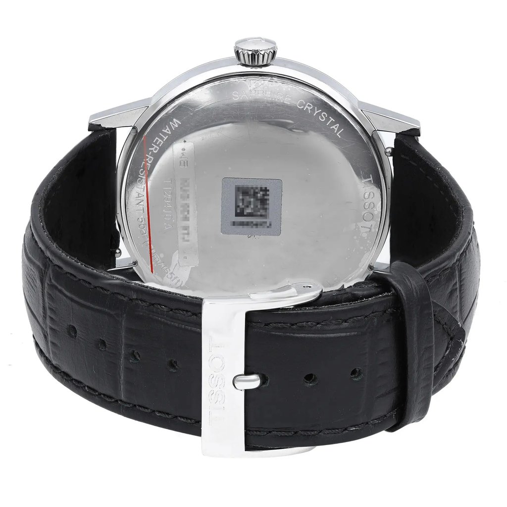 Back View Of Solid Back Case And Closed Leather Band Of Tissot T1294101605300 Watch Display Model Condition