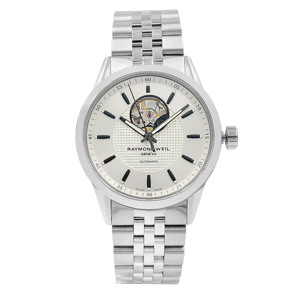 An image of a Wristwatch by RAYMOND WEIL. This Display Model item is designed for Men, featuring a Dress/Formal style. It has a Mechanical (Automatic) movement and an Analog display with a Silver dial color. The indices include 12-Hour Dial,Non-Numeric Hour Marks,Sticks. The band is made of Stainless Steel and the case is made of Stainless Steel. The watch has a Round shape with a case size of 42 mm and a case thickness of 11 mm.