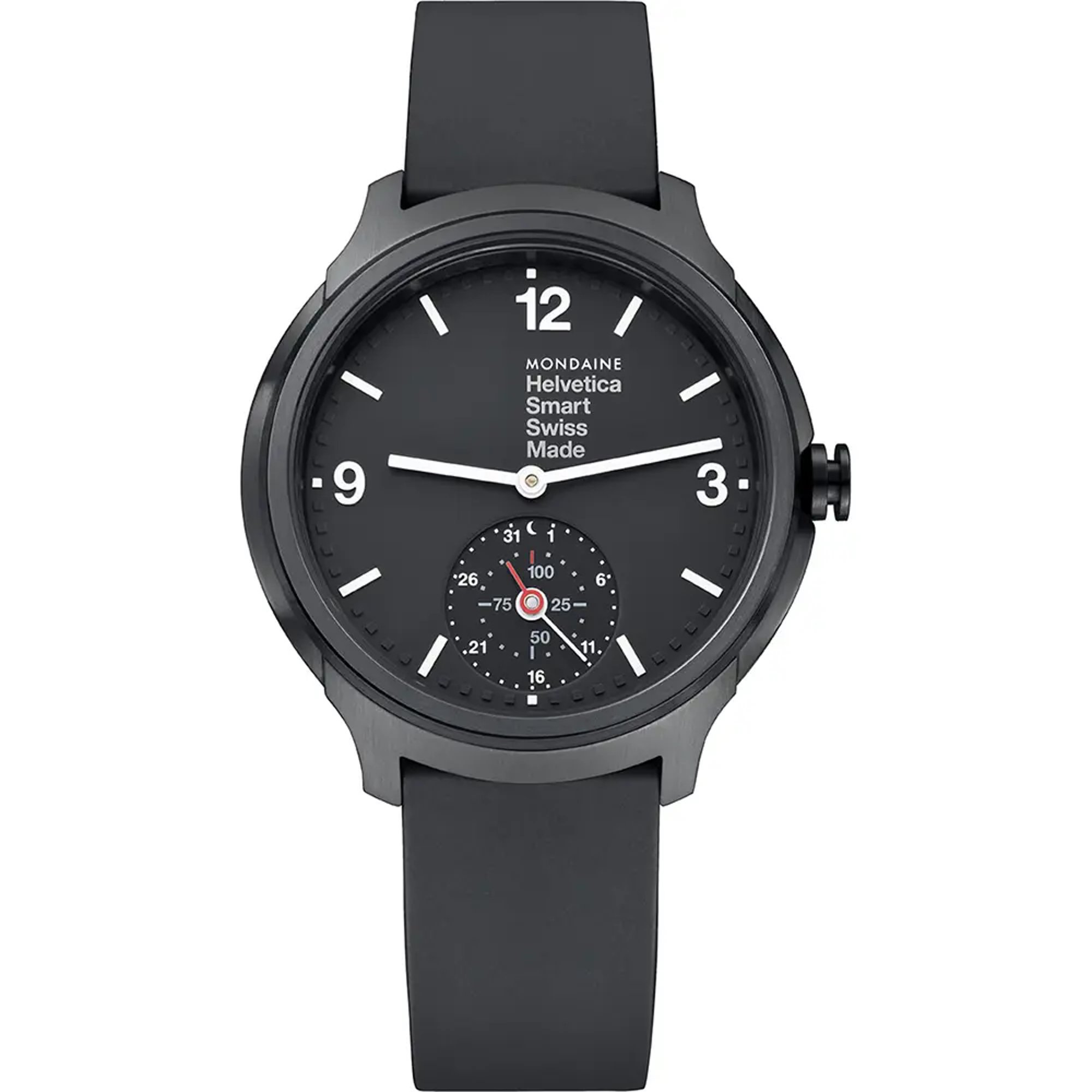 An image of a Wristwatch by Mondaine. This Display Model item is designed for Men, featuring a Casual style. It has a Quartz movement and an Analog display with a Black dial color. The indices include 12-Hour Dial,Arabic Numerals,Stick Indexes. The band is made of Rubber and the case is made of Stainless Steel. The watch has a Round shape with a case size of 44 mm and a case thickness of 13 mm.