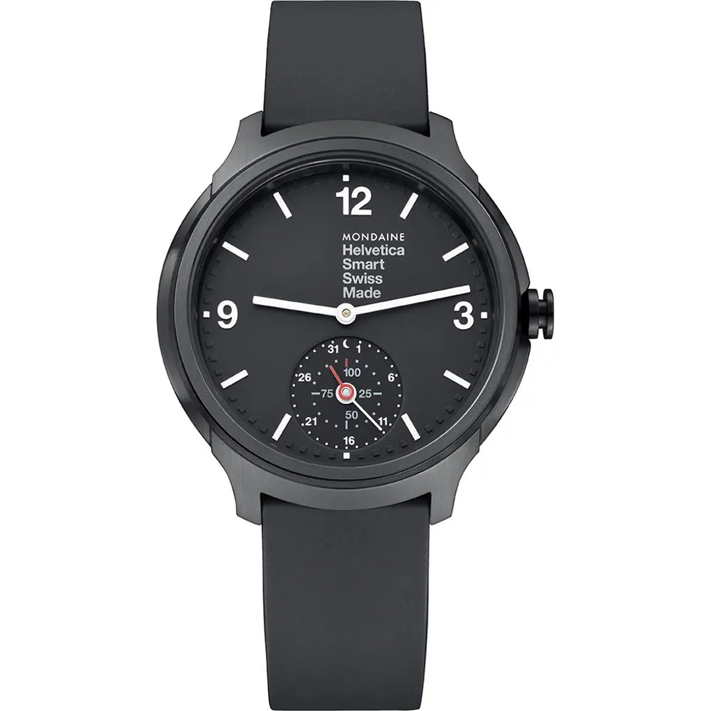 An image of a Wristwatch by Mondaine. This Display Model item is designed for Men, featuring a Casual style. It has a Quartz movement and an Analog display with a Black dial color. The indices include 12-Hour Dial,Arabic Numerals,Stick Indexes. The band is made of Rubber and the case is made of Stainless Steel. The watch has a Round shape with a case size of 44 mm and a case thickness of 13 mm.