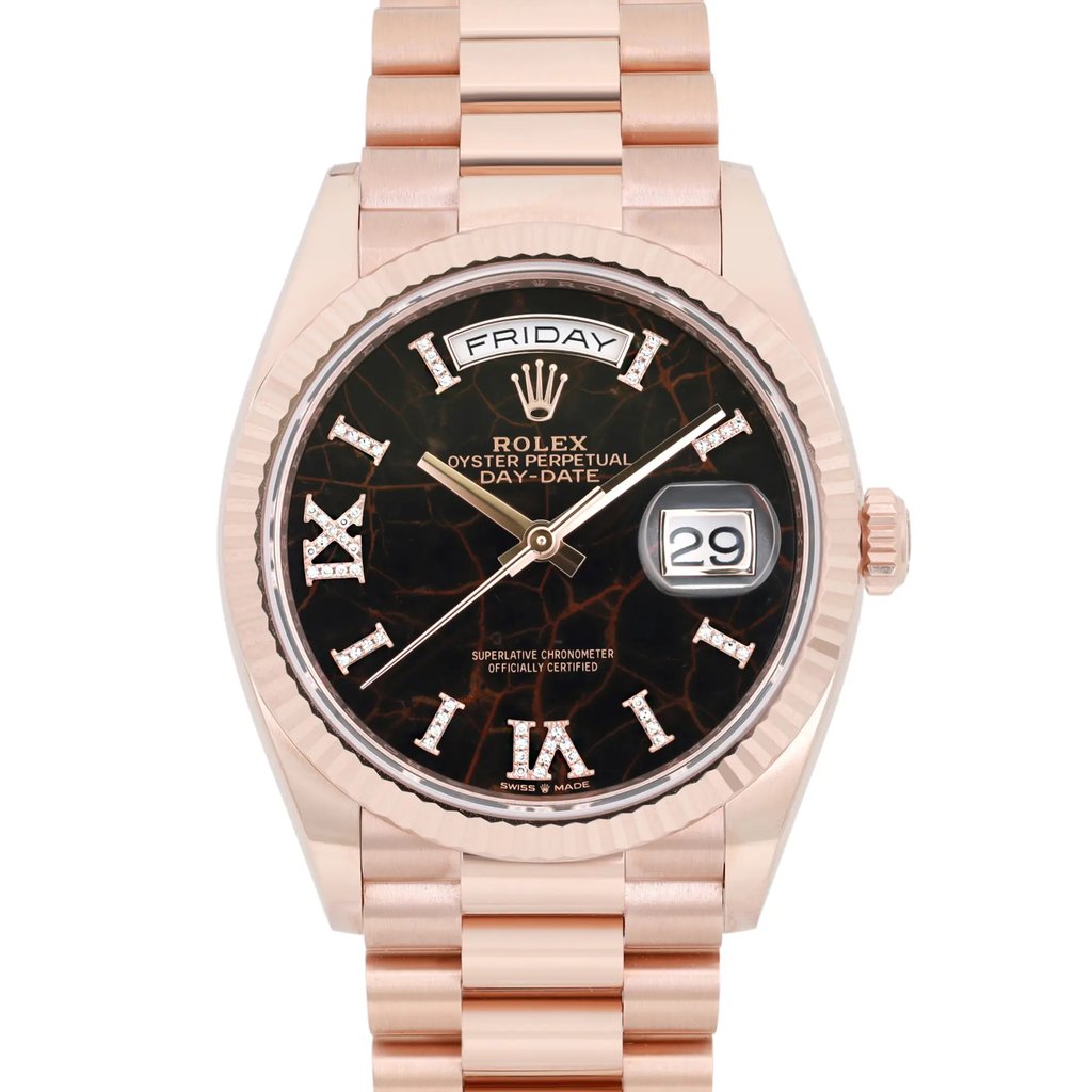 Up Close Front Facing Picture Of Rolex 128235-0041 Rose Gold Plated Watch New Condition