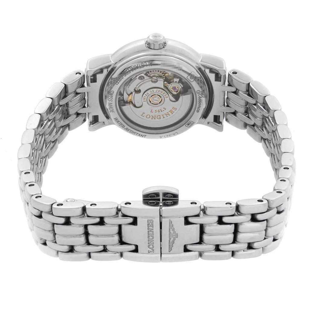 An image of a wristwatch viewed from the back, showcasing the intricate mechanical movement visible through a transparent case back. The stainless steel bracelet is fully extended, with the clasp closed and centered in the foreground. The watch is positioned upright, and the angle captures the details of the watch's internal components closely, emphasizing its craftsmanship. The image serves as a display model presentation, focusing on the watch's design and build quality.