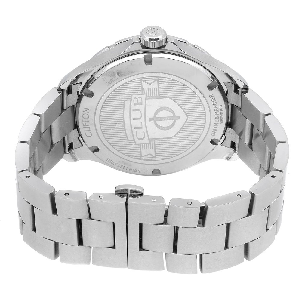 Back View Of Solid Back Case And Closed Stainless Steel Band Of Baume & Mercier 10340 Watch Pre Owned Condition