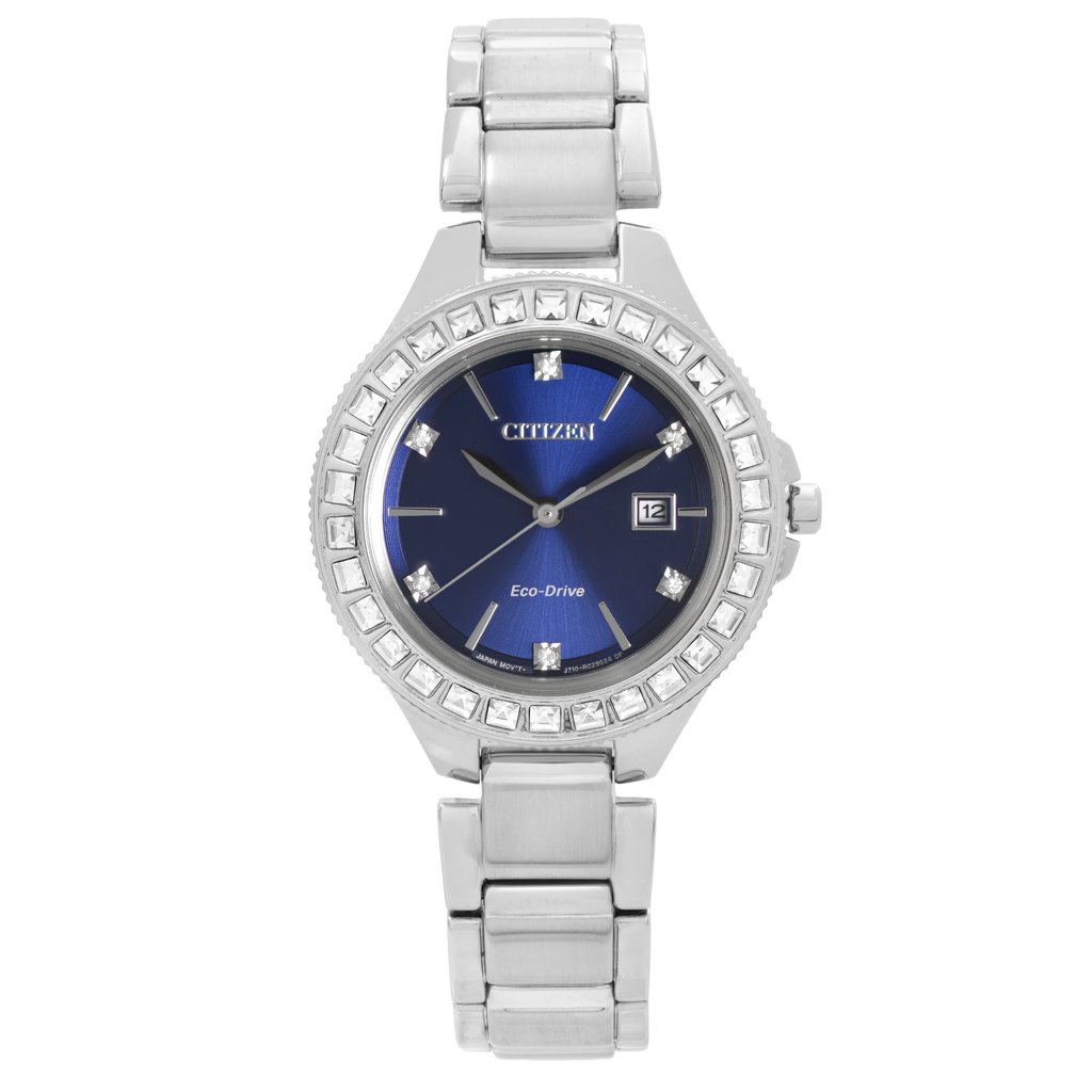 An image of a Wristwatch by Citizen. This Display Model item is designed for Women, featuring a Dress/Formal style. It has a Quartz movement and an Analog display with a Blue dial color. The indices include Non-Numeric Hour Marks. The band is made of Stainless Steel and the case is made of Stainless Steel. The watch has a Round shape with a case size of 31 mm and a case thickness of 9 mm.