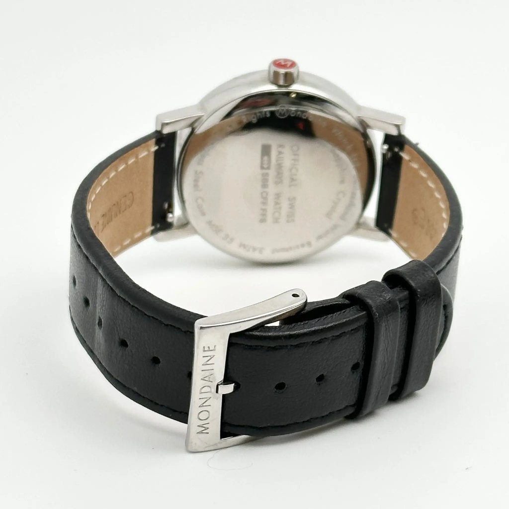 Back View Of Snap Back Case And Closed Leather Band Of Mondaine MSE.35110.LB Watch Pre Owned Condition