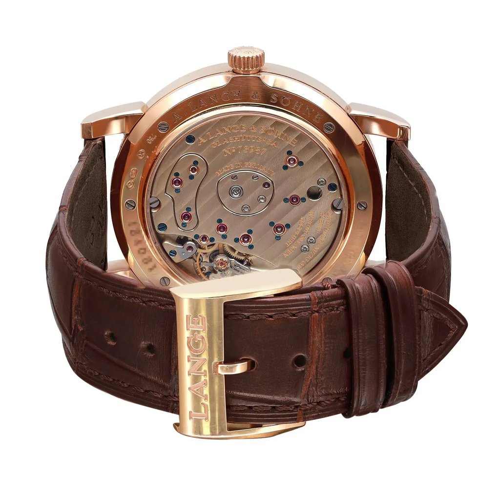 Back View Of Exhibition Back Case And Closed Leather Band Of A. Lange & Söhne 115.032/LS1154AD Watch Pre Owned Condition