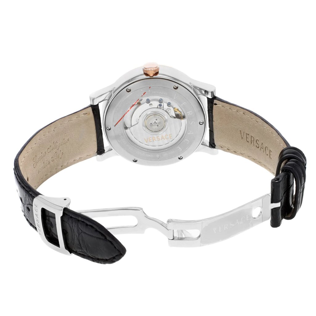 Back View Of Exhibition Back Case And Open Leather Band Of Versace 18A99OD009 S009 Watch Unworn Condition