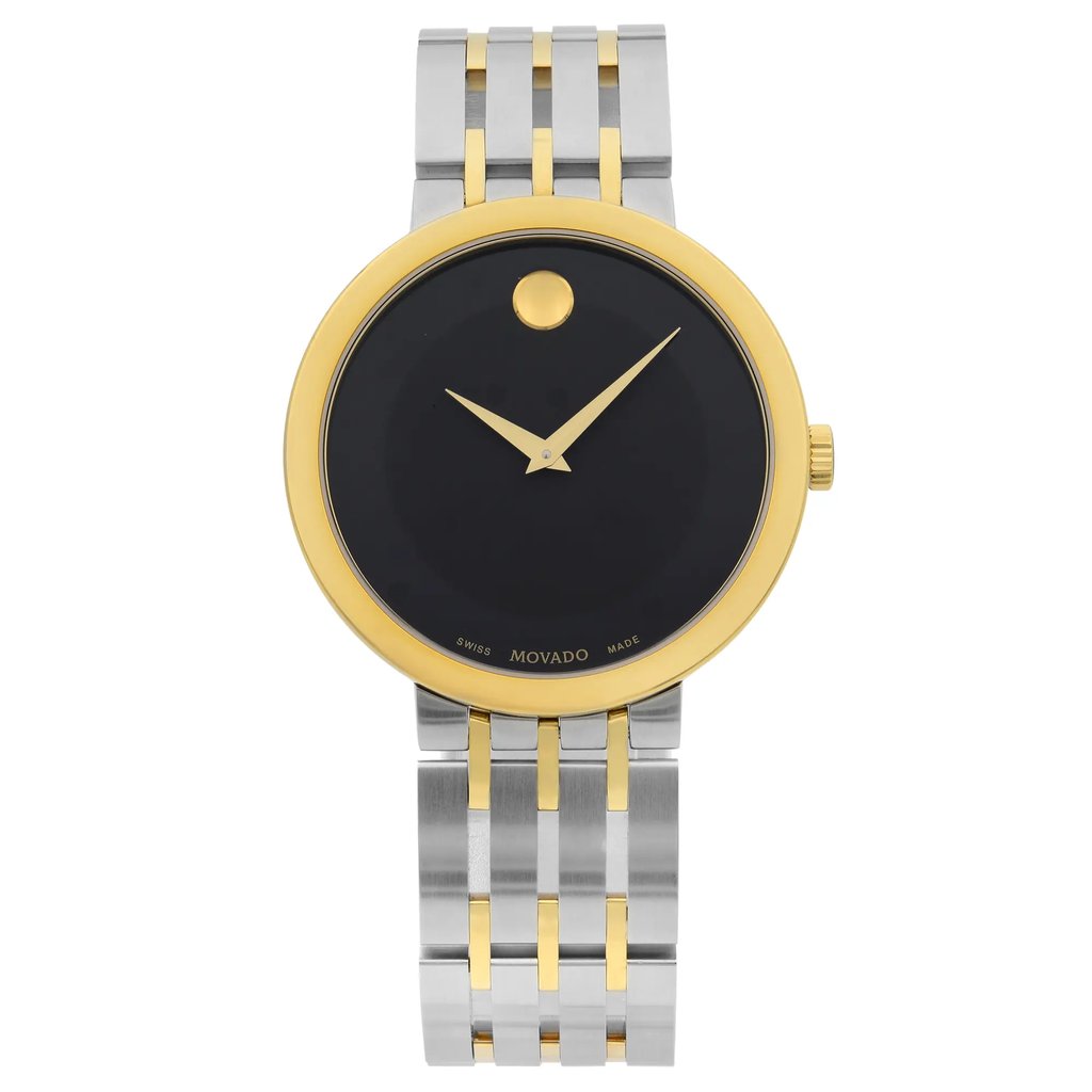 An image of a Wristwatch by Movado. This New With Defects item is designed for Women, featuring a Dress/Formal style. It has a Quartz movement and an Analog display with a Black dial color. The indices include Unspecified. The band is made of Stainless Steel and the case is made of Stainless Steel. The watch has a Round shape with a case size of 39 mm and a case thickness of 7 mm.