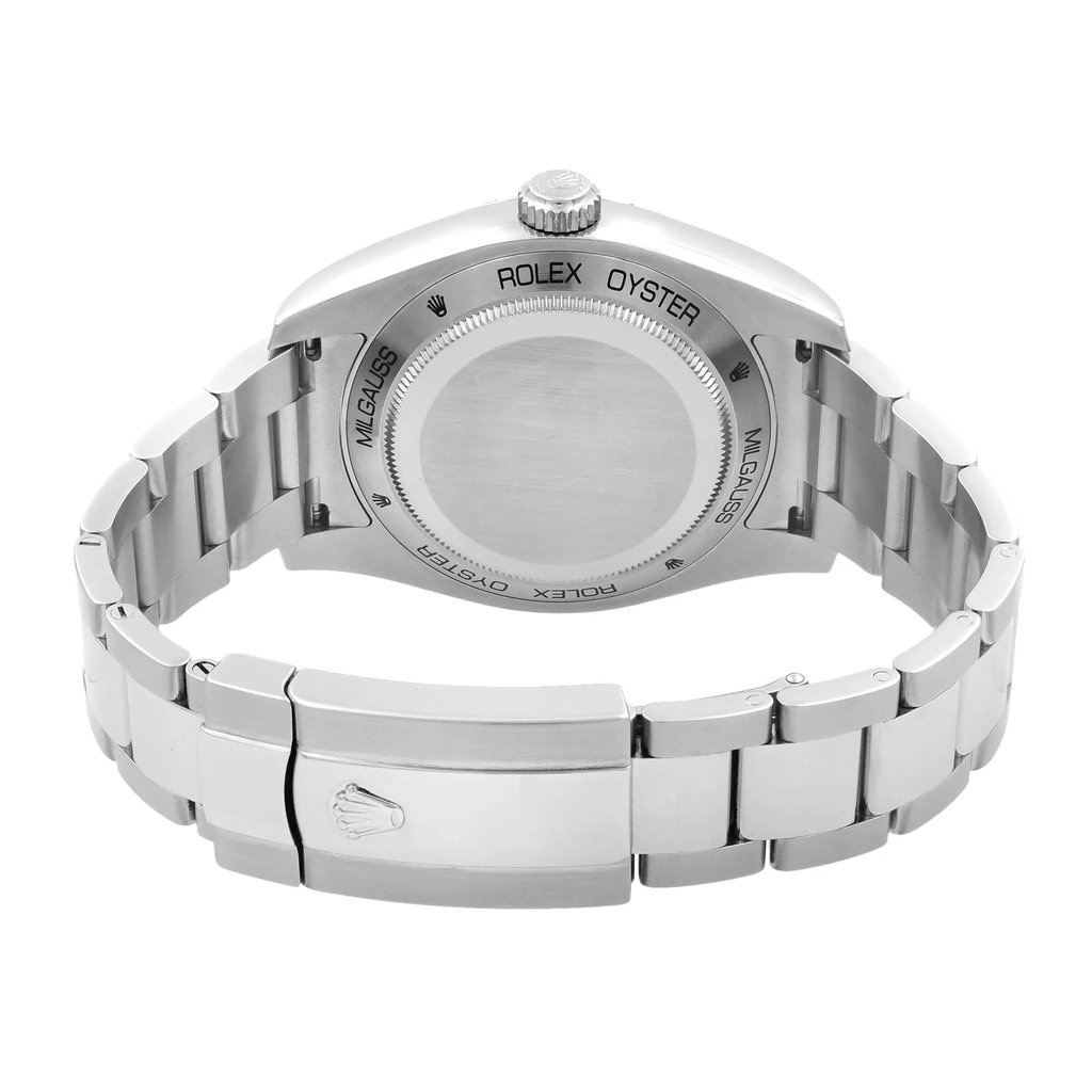Back View Of {Caseback} Back Case And Closed Stainless Steel Band Of Rolex 116400GV Watch Pre Owned Condition