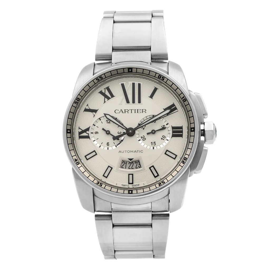 An image of a pre-owned Cartier men's wristwatch, positioned head-on at a close distance, filling the frame. The watch features a stainless steel bracelet, a round case, and a textured silver dial with Roman numeral hour markers from the 9 t o3 indices, a date window at the 6 o'clock position. The Cartier logo is visible below the 12 o'clock mark, and the word "AUTOMATIC" is above the 6 o'clock mark. The angle is direct and level with the face of the watch, providing a clear view of its details.