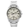 An image of a pre-owned Cartier men's wristwatch, positioned head-on at a close distance, filling the frame. The watch features a stainless steel bracelet, a round case, and a textured silver dial with Roman numeral hour markers from the 9 t o3 indices, a date window at the 6 o'clock position. The Cartier logo is visible below the 12 o'clock mark, and the word "AUTOMATIC" is above the 6 o'clock mark. The angle is direct and level with the face of the watch, providing a clear view of its details.