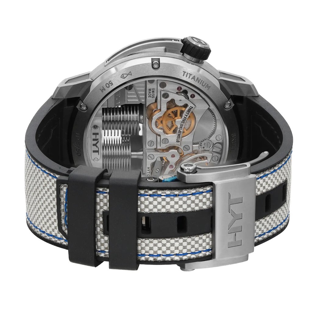 Back View Of Exhibition Back Case And Closed Rubber Band Of HYT H2-TT-488207 Watch Unworn Condition