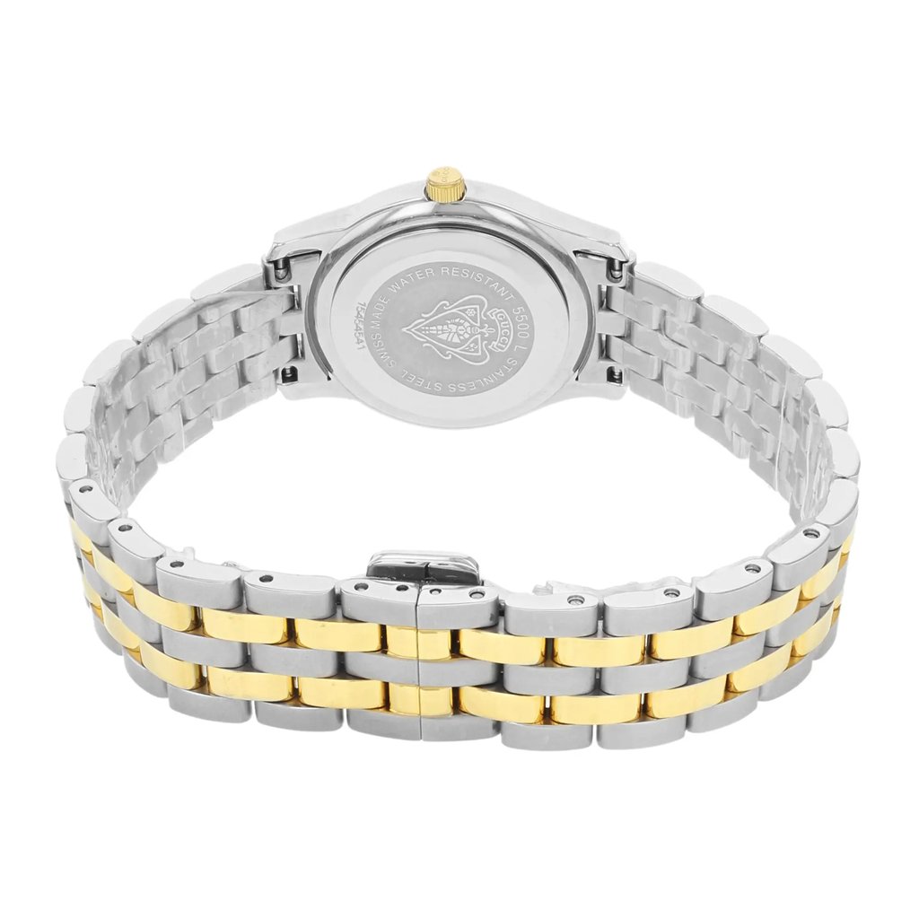 Back View Of Snap Back Case And Closed Stainless Steel Band Of Gucci YA055528 Watch Pre Owned Condition