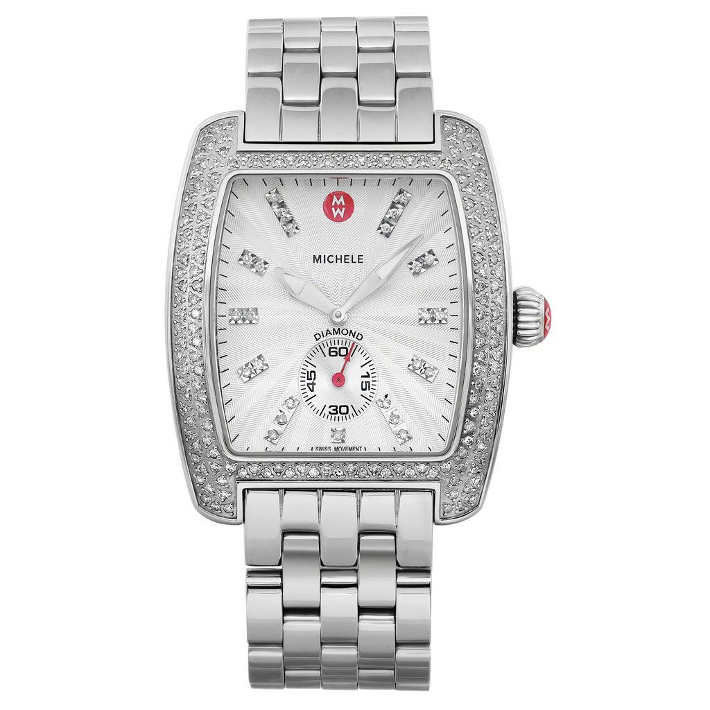 An image of a Wristwatch by MICHELE. This Pre Owned item is designed for Women, featuring a Casual style. It has a Quartz movement and an Analog display with a Silver dial color. The indices include 12-Hour Dial,Diamond Markers. The band is made of Stainless Steel and the case is made of Stainless Steel. The watch has a Round shape with a case size of 36 mm and a case thickness of 12 mm.