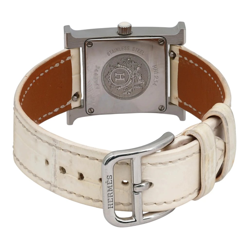 Back View Of Screwback Back Case And Closed Leather Band Of HERMÈS HH1.234 Watch Pre Owned Condition