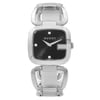 An image of a pre-owned Gucci wristwatch for women, presented in a front full frontal view. The timepiece features a round dial with a sunburst pattern in black, complemented by a silver bezel. Diamond markers and non-numeric hour marks accentuate the dial. The case and band are made of stainless steel, showcasing the watch's dress/formal style. The condition of the watch is classified as good. The wristwatch is displayed at a close distance, highlighting its details and overall design.