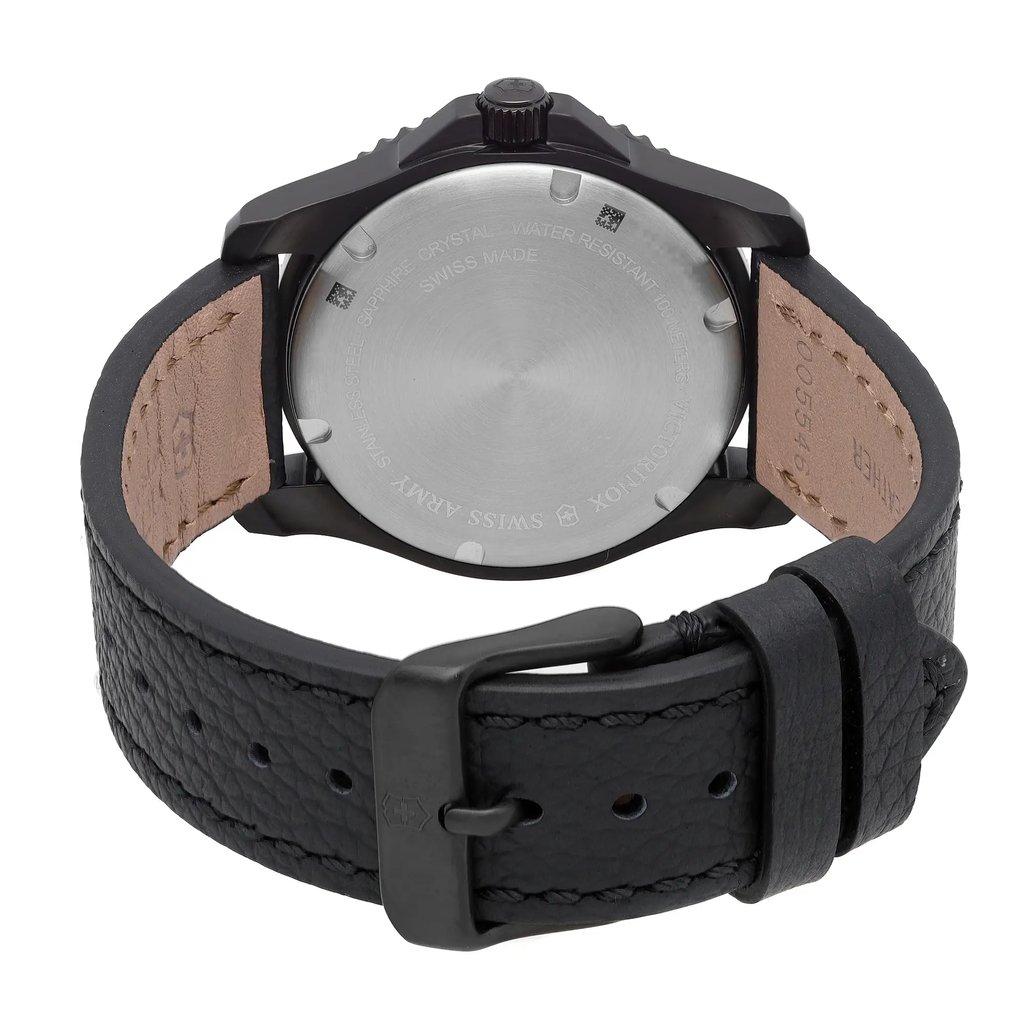 Back View Of Screwback Back Case And Closed Leather Band Of Victorinox 241788 Watch Unworn Condition