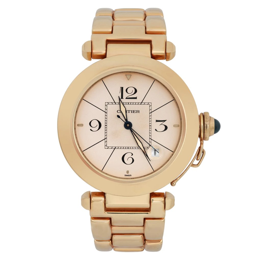 An image of a pre-owned Cartier Pasha 38mm 18K Yellow Gold Arabic Dial Unisex Automatic Watch 1991 positioned upright, directly facing the camera. The watch is shown from a straight-on angle, capturing its round face and gold bracelet in detail. The watch features a date indicator and luminous hands. The distance is close enough to clearly display the brand name on the dial.