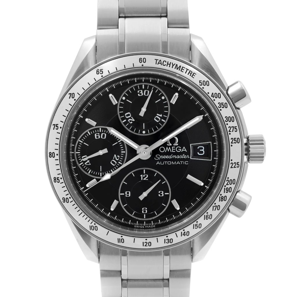 An image of a pre-owned wristwatch captured in a front close-up shot. The watch face is prominently displayed, showcasing its detailed features, including three subdials and a date window. The bezel is marked with a tachymetre scale, and the watch is complemented by a polished metal bracelet. The angle highlights the watch's design elements and craftsmanship.