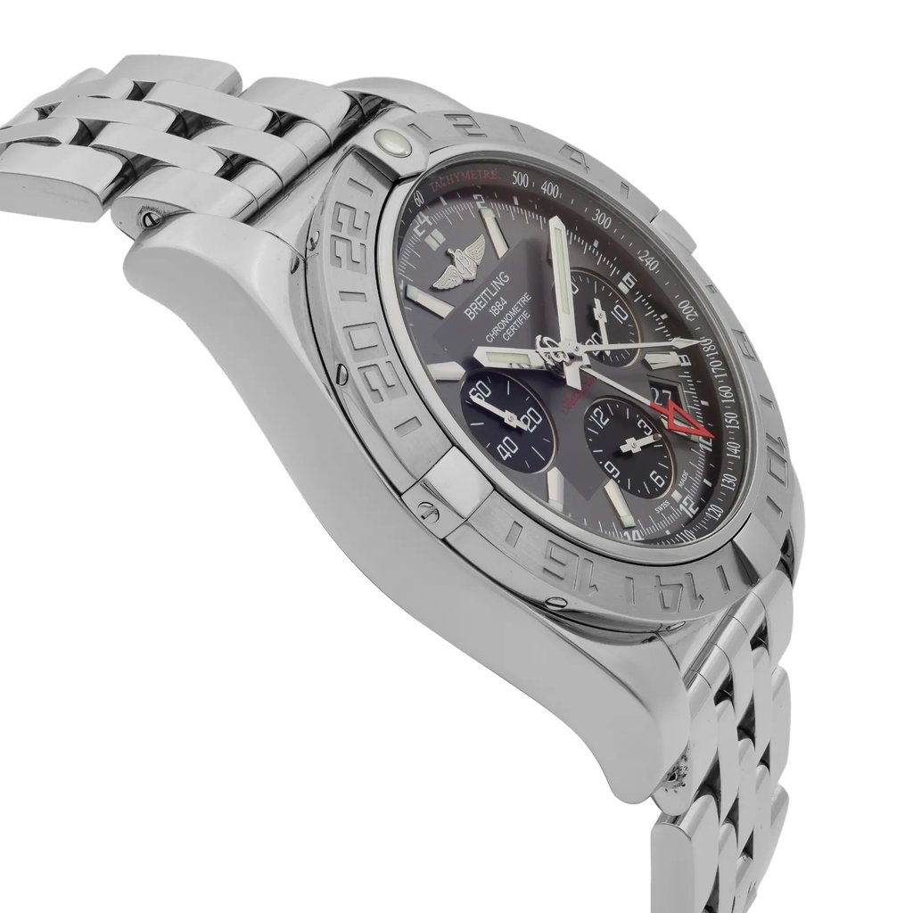 View Of Opposite Crown Facing Side Of Breitling AB042011/F561-375A Stainless Steel Watch Display Model Condition