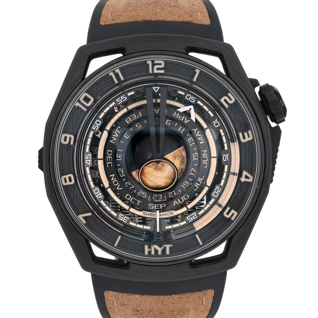 Up Close Front Facing Picture Of HYT H02984-A Carbon Fiber Watch New Condition