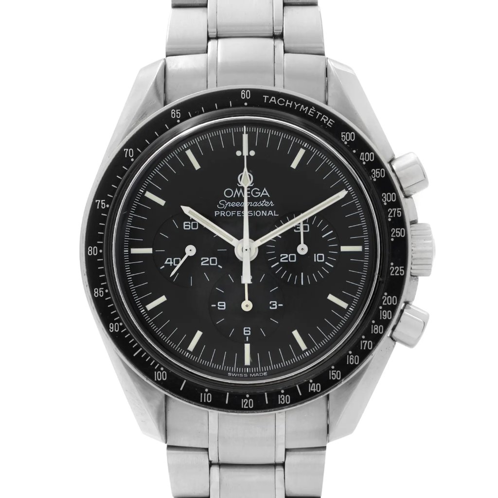 Up Close Front Facing Picture Of OMEGA 3572.50.00 Stainless Steel Watch Pre Owned Condition