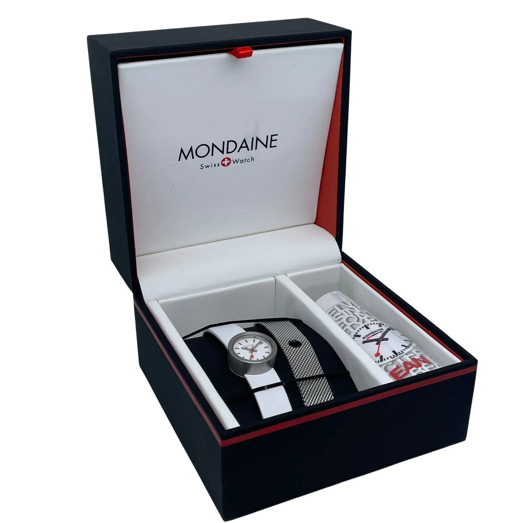 An image of a Wristwatch by Mondaine. This Unworn item is designed for Women, featuring a Casual style. It has a Quartz movement and an Analog display with a White dial color. The indices include 12-Hour Dial,Non-Numeric Hour Marks,Stick Indexes. The band is made of Leather and the case is made of Stainless Steel. The watch has a Round shape with a case size of 22 mm and a case thickness of 10 mm.