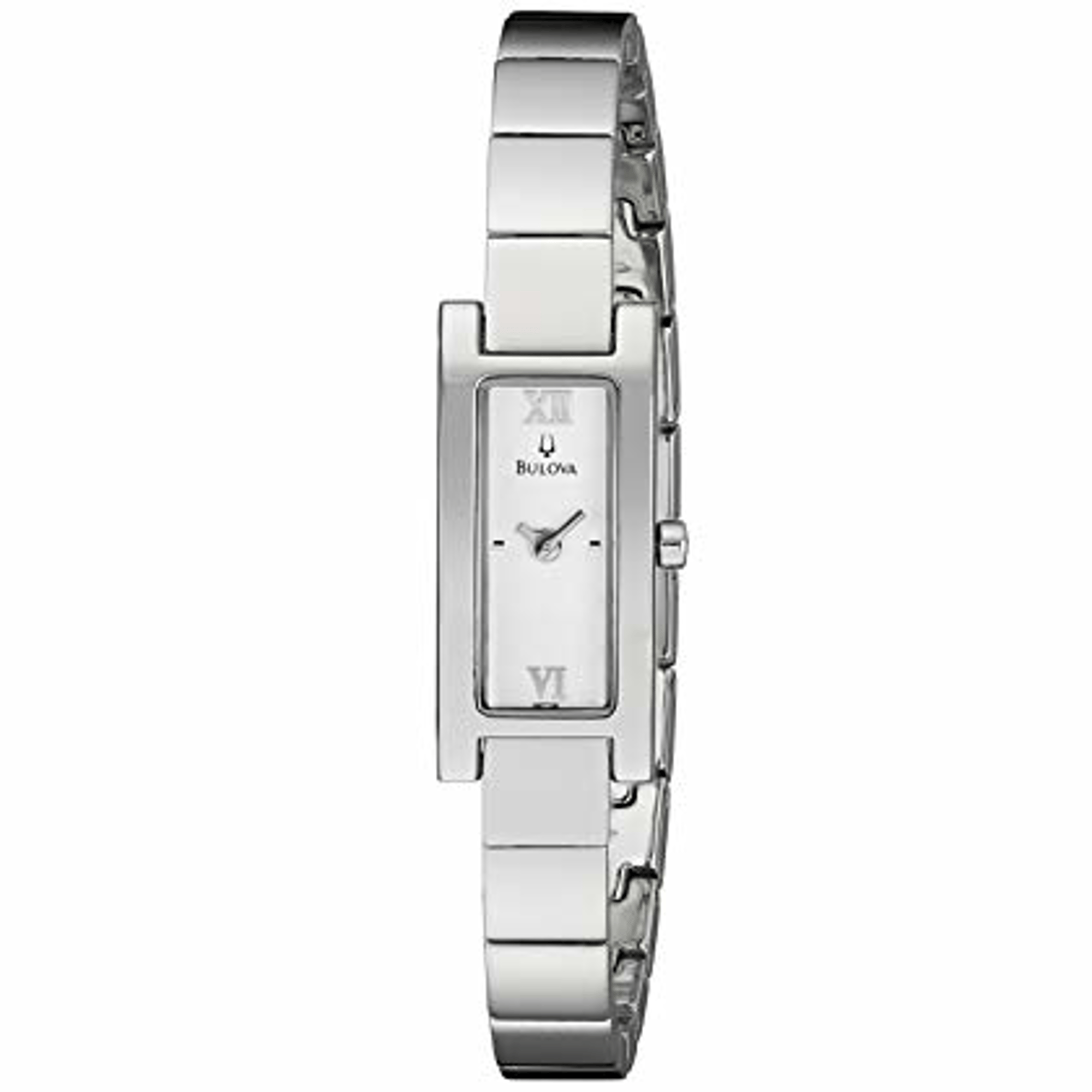 An image of a pre-owned Bulova women's wristwatch, presented in a front full frontal view. The dial is gray and silver with a mixture of Roman numerals at the quarters and stick indexes for the other hour marks. The round watch face is set within a rectangular steel case, and the bezel is also steel. The steel band material complements the case and bezel, providing a sleek, dress/formal style. The watch is depicted from a close distance, offering a clear view of its design and condition.