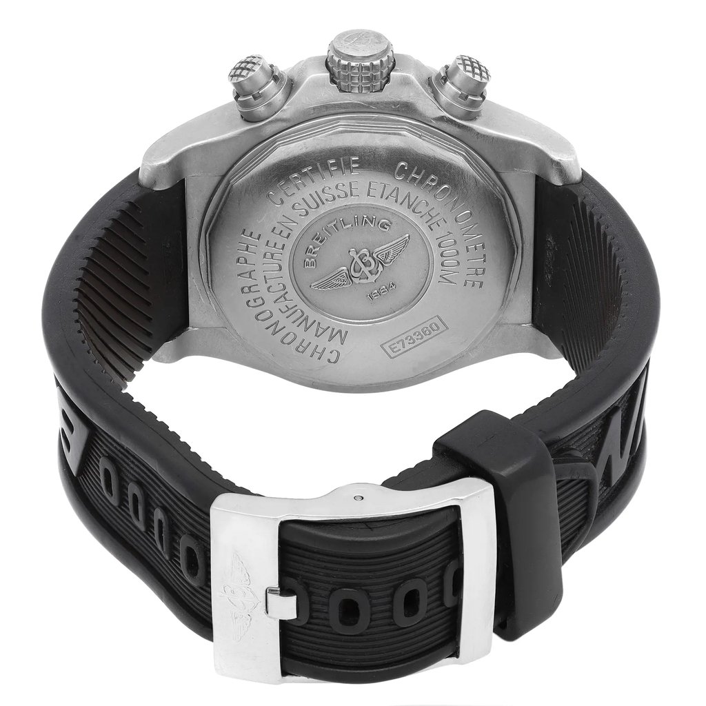 Back View Of Solid Back Case And Closed Rubber Band Of Breitling E73360 Watch Pre Owned Condition