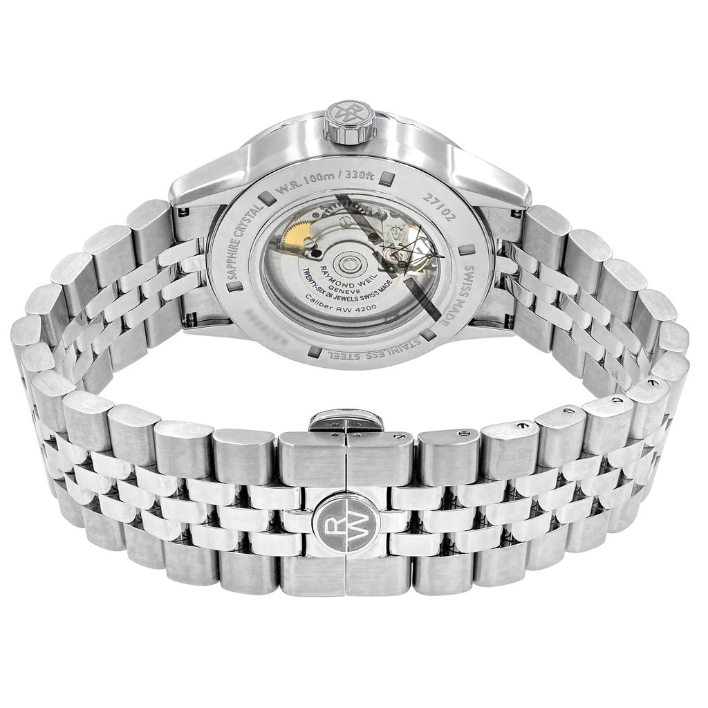 Back View Of Exhibition Back Case And Closed Stainless Steel Band Of RAYMOND WEIL 2710-ST-65031 Watch New Condition