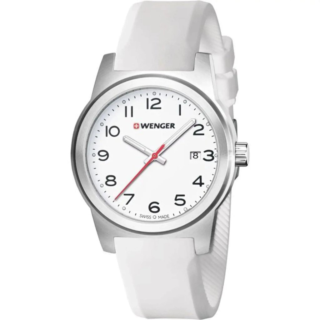 An image of a Wristwatch by Wenger. This Display Model item is designed for Men, featuring a Casual style. It has a Quartz movement and an Analog display with a White dial color. The indices include 12-Hour Dial,Arabic Numerals. The band is made of Rubber,Silicone and the case is made of Stainless Steel. The watch has a Round shape with a case size of 40 mm and a case thickness of 10 mm.