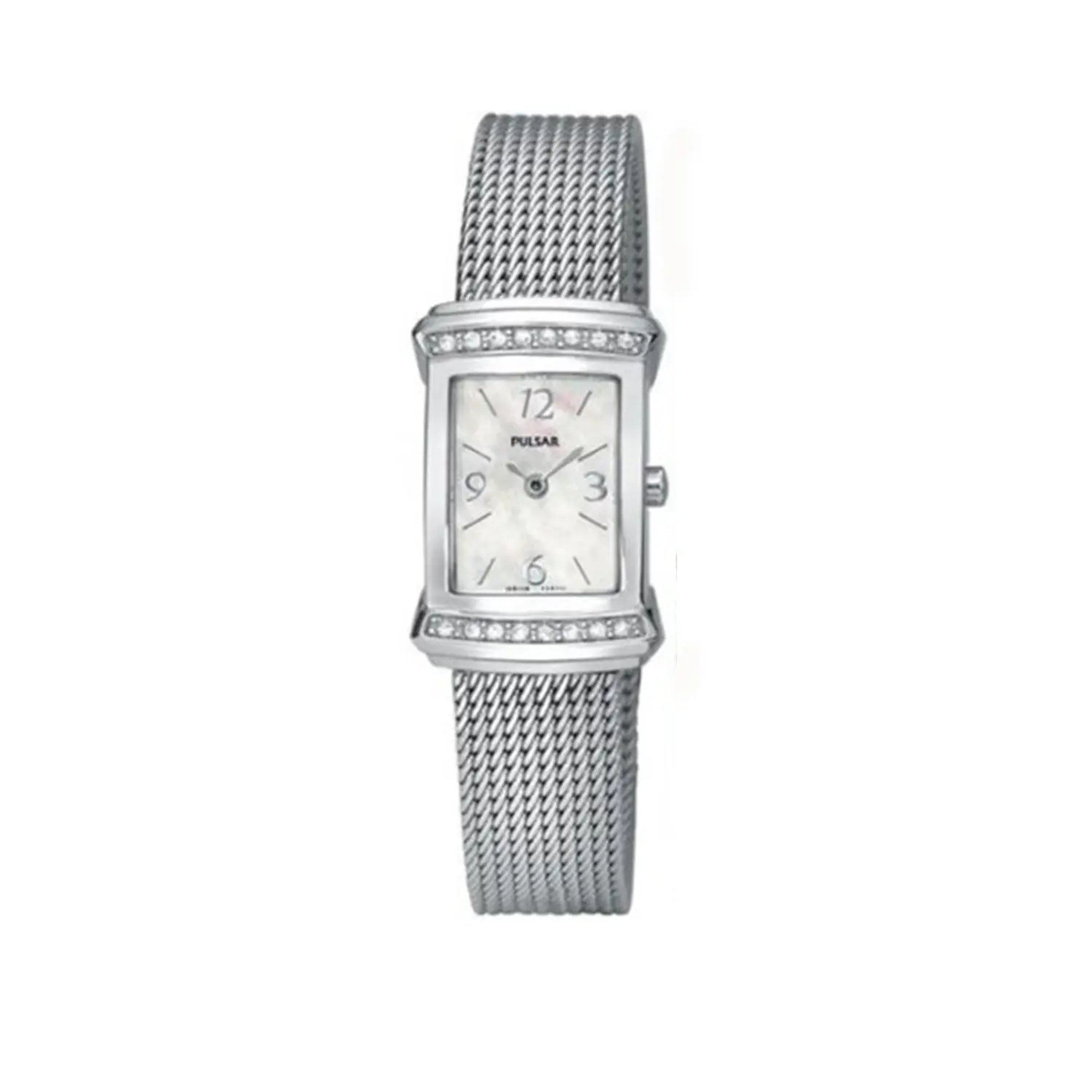 An image of a Wristwatch by Pulsar. This Display Model item is designed for Women, featuring a Casual style. It has a Japanese Quartz movement and an Analog display with a Mother Of Pearl dial color. The indices include Arabic Numerals, Sticks. The band is made of Stainless Steel and the case is made of Stainless Steel. The watch has a Rectangle shape with a case size of 17 mm and a case thickness of 7 mm.