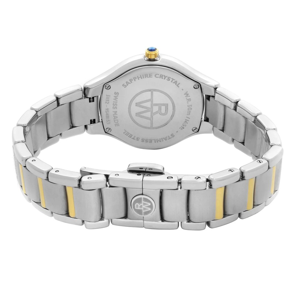 Back View Of Screwback Back Case And Closed Gold Plated,Stainless Steel Band Of RAYMOND WEIL 5132-STP-00985 Watch Pre Owned Condition