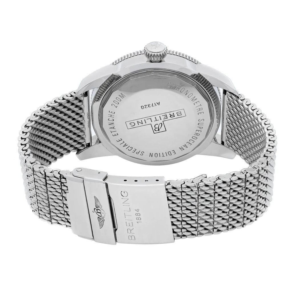 Back View Of Solid Back Case And Closed Stainless Steel Band Of Breitling A1732016-C734SS Watch Pre Owned Condition