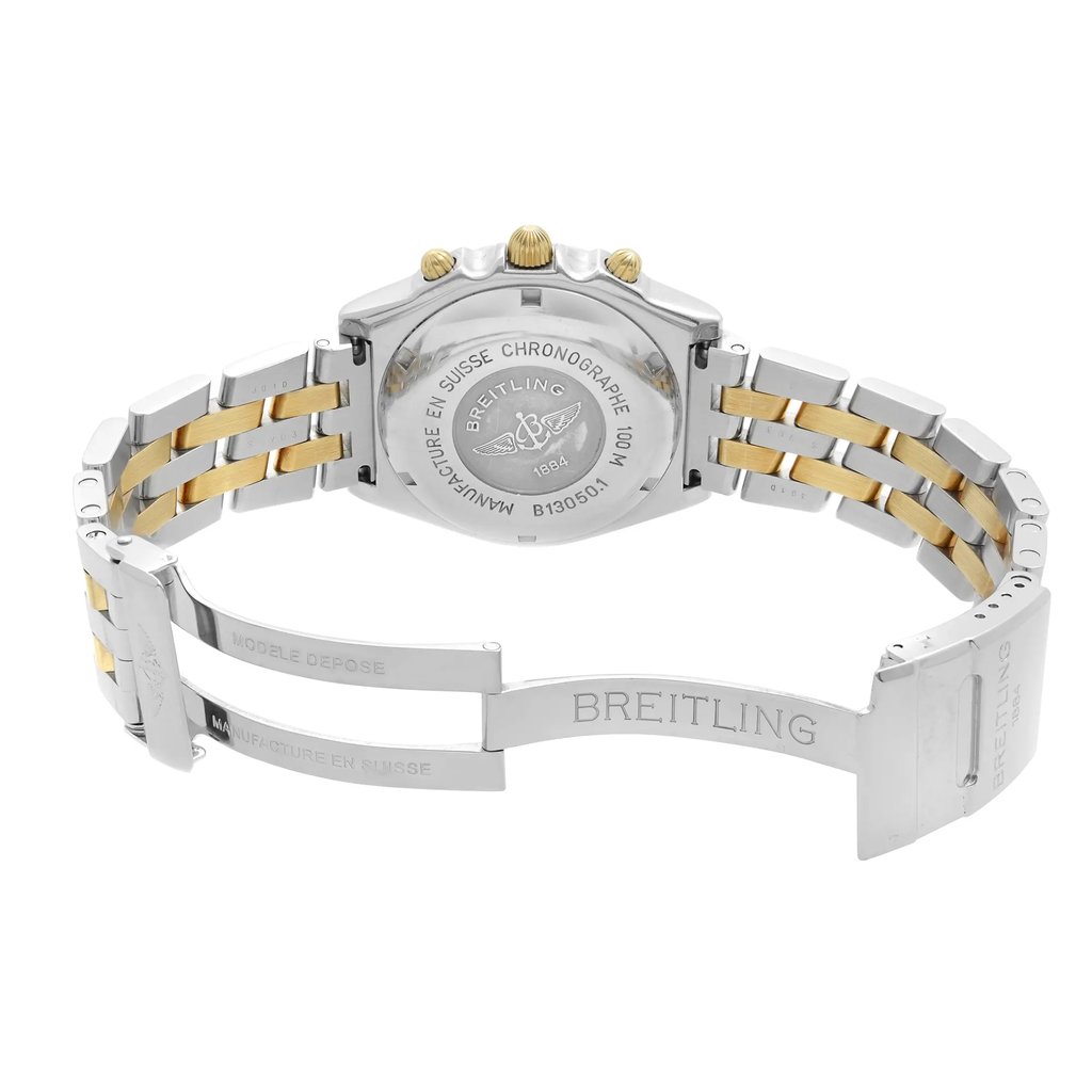 Back View Of Solid Back Case And Open Stainless Steel,Gold Band Of Breitling B13050.1 Watch Pre Owned Condition