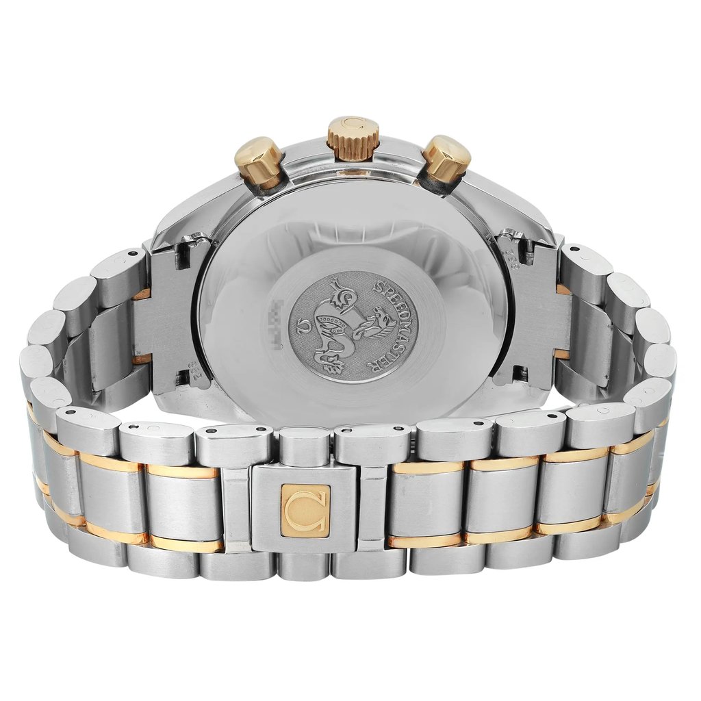 An image of a pre-owned men's OMEGA wristwatch shown from the back view. The watch features a round stainless steel case with a screwback and a stainless steel band. The single fold-over clasp with a push button is prominently displayed in the foreground, showcasing a gold accent. The image is taken at a close angle, focusing on the clasp and case back, which displays an engraved emblem. The watch is in good condition.