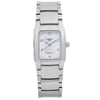 An image of a Tissot wristwatch, positioned front and center, facing directly towards the viewer. The watch features a rectangular silver case with a Mother Of Pearl dial, marked with black numerals at 12, 2, 4, 6, 8, and 10 o'clock positions. It has silver hands and a Tissot logo just below the 12 o'clock marker. Case and bracelet are stainless steel. Display model in excellent condition. 