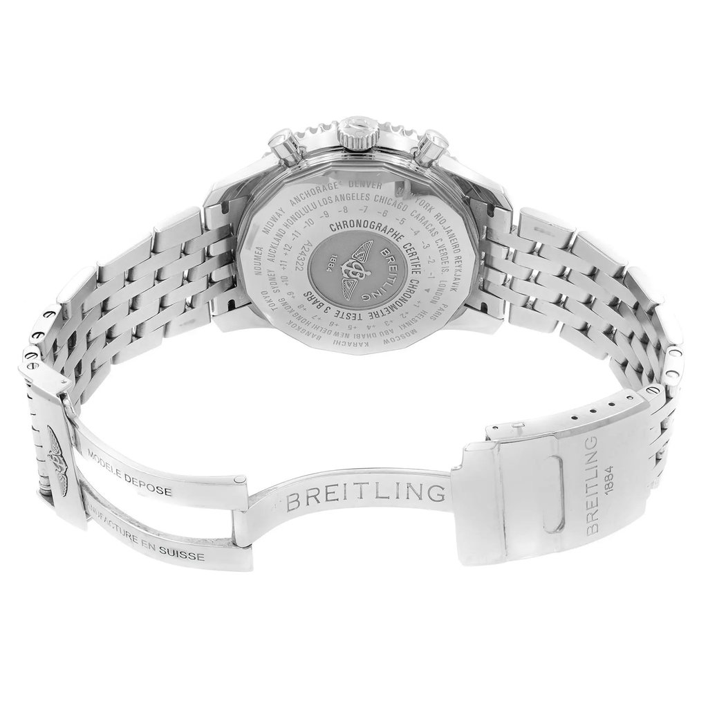 Back View Of Screwback Back Case And Open Stainless Steel Band Of Breitling A2432212/B726-443A Watch Pre Owned Condition