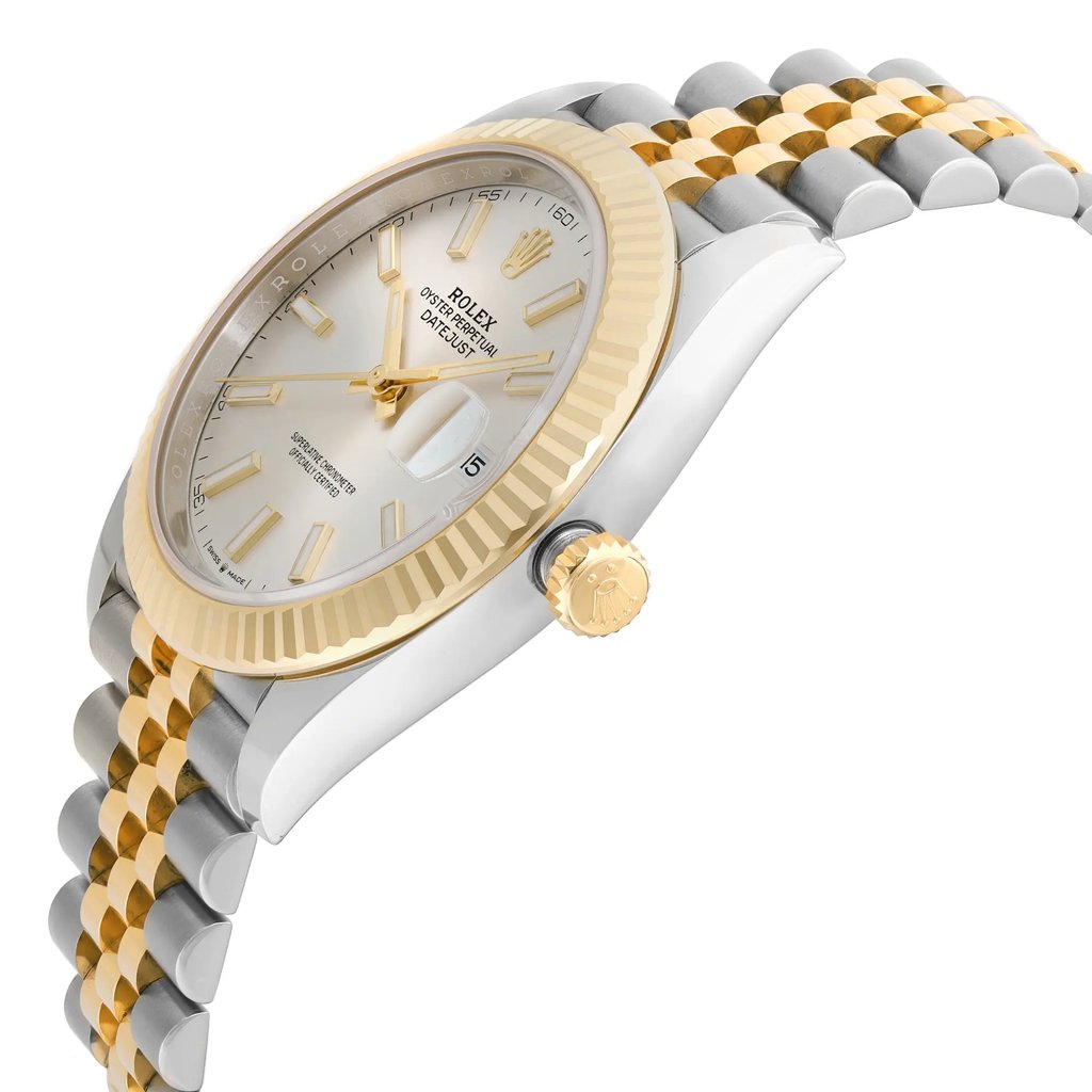 An image of an unworn Rolex men's luxury wristwatch in excellent condition, presented in a side profile view with the crown visible. The watch features a round dial in silver color, framed by a yellow gold bezel. It has a two-tone band combining yellow gold and stainless steel. The watch is shown at a close distance, providing clear visibility of its details and craftsmanship.