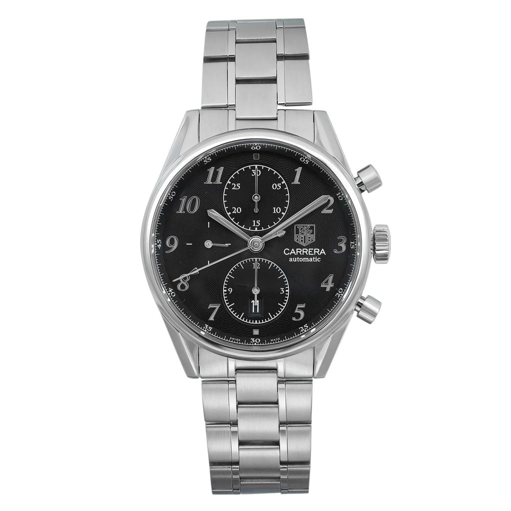 An image of a pre-owned TAG Heuer men's wristwatch in good condition, presented in a full frontal view. The watch features a casual style with a round stainless steel case and a matching stainless steel band. The black dial is complemented by a gray bezel, Arabic numerals, and 12-hour dial indices. It is equipped with a chronograph, date indicator, and a small seconds subdial. The watch is positioned centrally, shot from a direct angle, and fills the frame, providing a clear view of its details. Minor blemishes may be present due to handling and shipping.